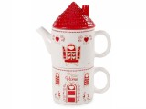 Cumpara ieftin Set 2 ceainice 2 cani ceramica alba rosie 18x10x23.5 cm, 450 ml