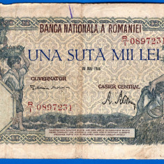 (46) BANCNOTA ROMANIA - 100.000 LEI 1946 (28 MAI 1946), FILIGRAN ORIZONTAL