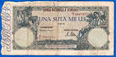 (46) BANCNOTA ROMANIA - 100.000 LEI 1946 (28 MAI 1946), FILIGRAN ORIZONTAL foto