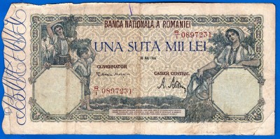 (46) BANCNOTA ROMANIA - 100.000 LEI 1946 (28 MAI 1946), FILIGRAN ORIZONTAL foto