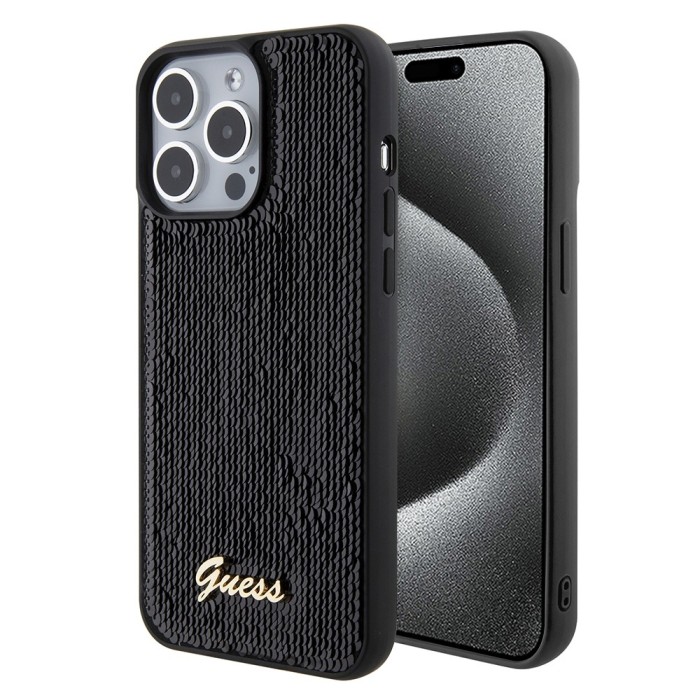 Husa originala Guess iPhone 15 Pro Max Sequin Script Metal, negru, GUHCP15XPSFDGSK