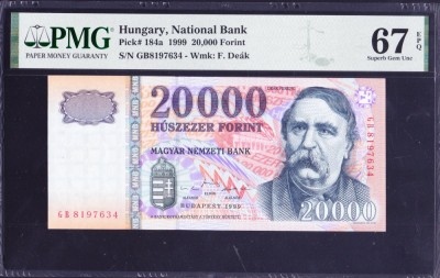Bancnota Ungaria 20.000 Forinti 1999 - P184 (gradata PMG 67 Superb Gem UNC EPQ - vezi descriere ) foto