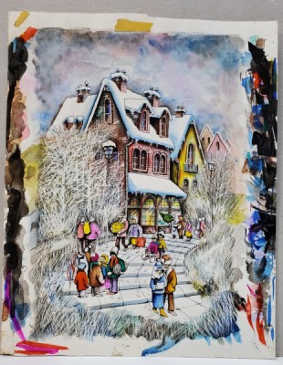 ORASEL IN PREAJMA CRACIUNULUI , ILUSTRATIE DE CARTE PENTRU COPII , ANII &amp;#039; 80 foto