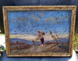 Pictura rom&acirc;nească ulei pe carton semnat Florian, Scene gen, Realism
