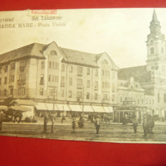 Ilustrata Oradea Mare - Piata Unirii circulat 1927 , cu suprataxa