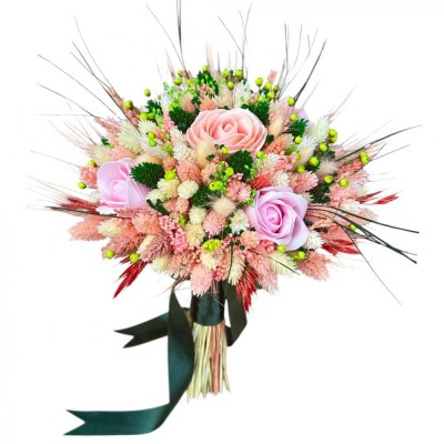 Buchet cu trandafiri si mix flori uscate , personalizabil, ideal pentru cununie civila, nunta, mireasa, nasa sau cadou, alb-mov-galben foto