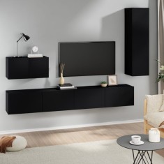 Set dulap TV, 4 piese, negru, lemn prelucrat foto