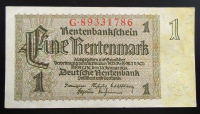 Bancnota 1 RENTENMARK - GERMANIA NAZISTA, anul 1937 * cod 07 = excelenta foto