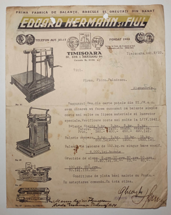 Scrisoare Eduard Hermann si fiul fabrica de balante cantare Timisoara Banat 1941
