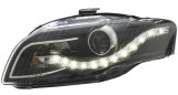 Set faruri Audi A4, 11.2008, montare fata, stanga+dreapta, lupa; cu lampa pozitie LED; H9+LED+PY21W; electric; negru; cu motor; Tuning; halogen,
