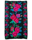 Covor vintage din l&acirc;nă 207&times;120 cm, model trandafiri fucsia pe fond negru, țesut la război