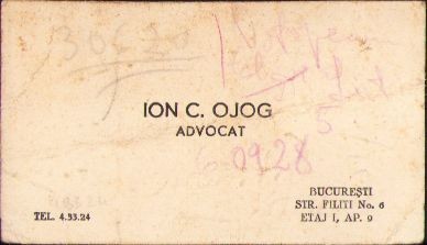 A508 Carte vizită Ion Ojog, poet, publicist și avocat Dorohoi, Iași, București