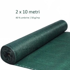 Plasa de umbrire HDPE, 2x10 metri, grad umbrire 40%, 50 g/mp, verde