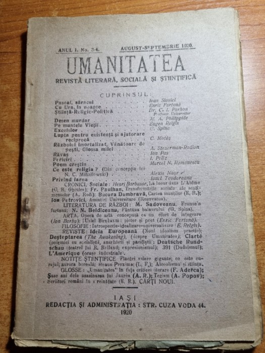umanitatea august-septembrie 1920 - anul 1,nr.3-4 - ioan slavici,c.i.parhon