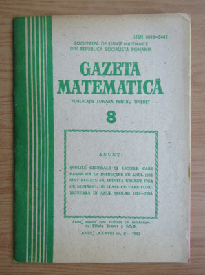 Revista Gazeta Matematica. Anul LXXXVIII, nr. 8 / 1983 foto