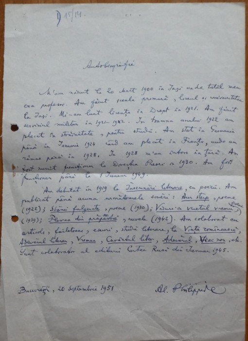 Autobiografia lui Al. Philippide, scrisa si semnata olograf de acesta, 1951