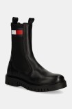 Tommy Jeans ghete chelsea de piele TJW LONG CHELSEA BOOT femei, culoarea negru, cu platforma, EN0EN02625