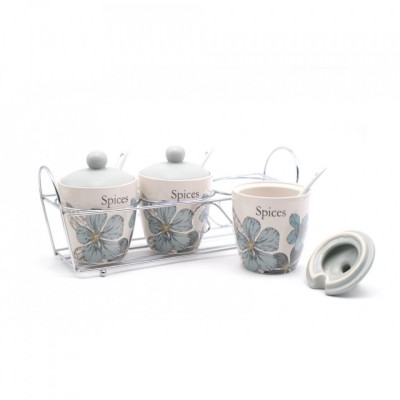 Set 3 recipiente ceramice condimente cu suport din metal foto