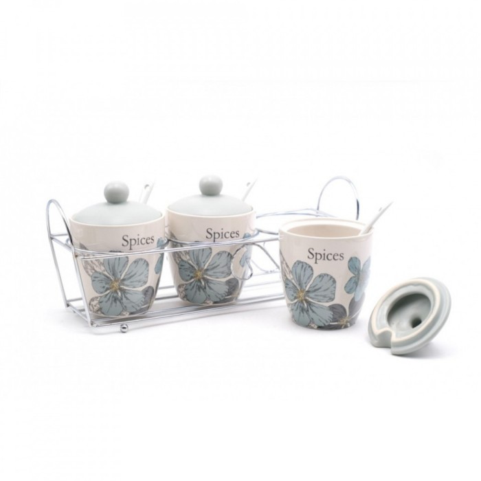 Set 3 recipiente ceramice condimente cu suport din metal