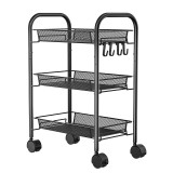 Raft metalic mobil tip carucior pentru bucatarie, 3 polite si 4 agatatori, negru, 44x26x64cm Household NewTrend