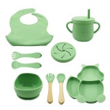 Set 10 piese diversificare bebelusi din silicon, baveta, farfurie cu ventuza, bol cu ventuza, tacamuri din lemn si silicon, cana, fara alergeni, verde