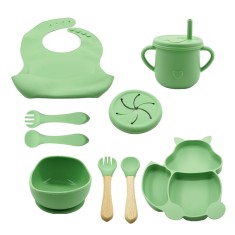 Set 10 piese diversificare bebelusi din silicon, baveta, farfurie cu ventuza, bol cu ventuza, tacamuri din lemn si silicon, cana, fara alergeni, verde