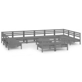 Set mobilier de gradina, 13 piese, gri, lemn masiv de pin