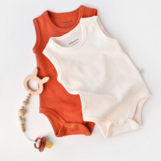 Set 2 body-uri fara maneci bebe unisex -100% bumbac organic -Scortisoara/Ecru, BabyCosy (Marime: 12-18 Luni)