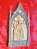 H449-Stativ PAPA ROMA vechi sculptura piatra sau alt material tare rama bronz masiv argintat 925 perioada anii cca 1900 stare foarte buna.