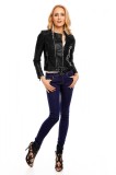 Jacheta dama imitatie piele neagra cu centura, insertii dantela, fermoar dublu. Casual, fashion. Marimi: M
