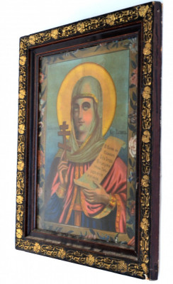 Icoana ortodoxa veche litografiata pe hartie - rama de lemn inceput de 1900 foto