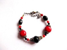 Bratara reglabila femei, coral rosu, onix negru si cristale 14534