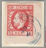ROMANIA 1871 LP 30 REGELE CAROL I CU BARBA 5 BANI ROSU T6 STAMPILAT/FRAGMENT