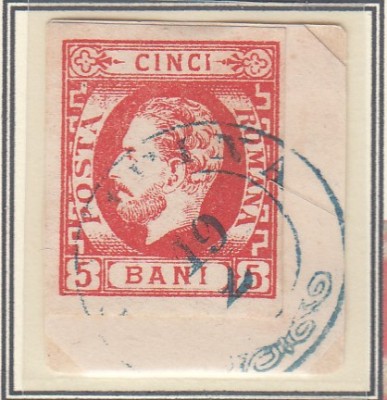 ROMANIA 1871 LP 30 REGELE CAROL I CU BARBA 5 BANI ROSU T6 STAMPILAT/FRAGMENT foto