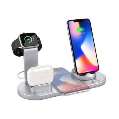 Incarcator Wireless Universal 6 in 1 Messner&amp;reg; QI 10 W, Pentru Telefon, Casti, Smart Watch, Cu Docking USB Type C, Micro USB, Lightning si Incarcare Wi foto