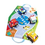 Set 4 masinute de plus cu gentuta depozitare transformabila in covoras de joaca Hape