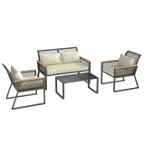 Outsunny Set mobilier de grădină din polyrattan pentru 4 persoane, rezistent la intemperii, set balcon cu canapea 2 locuri, 2 scaune, masă cu sticlă,