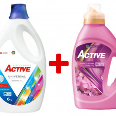 Detergent Universal de rufe lichid Active, 6 litri, 120 spalari + Balsam de rufe Active Happy Day, 1.5 litri, 60 spalari