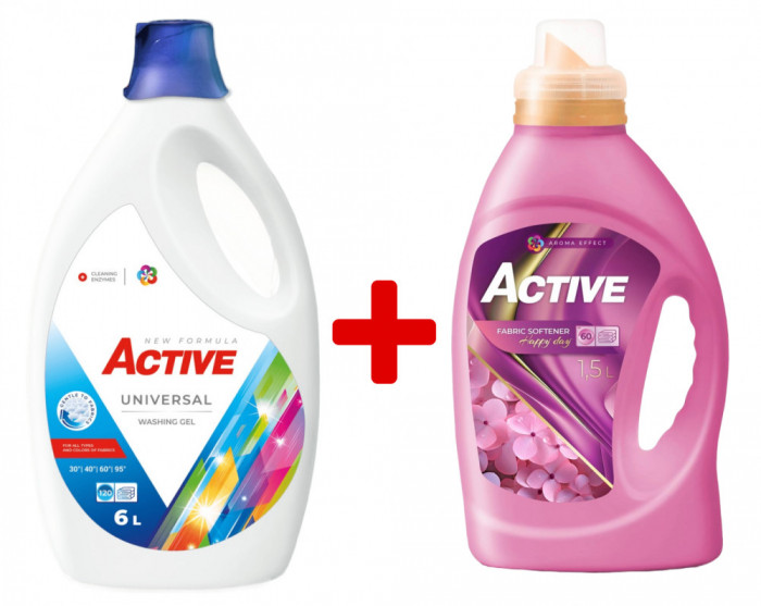 Detergent Universal de rufe lichid Active, 6 litri, 120 spalari + Balsam de rufe Active Happy Day, 1.5 litri, 60 spalari