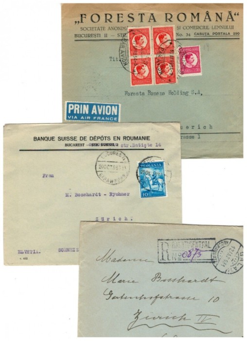 Romania 1931-1934 - Lot 3 plicuri circulate spre Elvetia, unul recomandat, unul cu Posta Aeriana