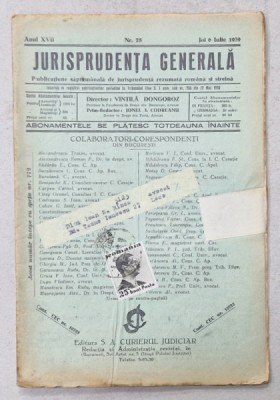 JURISPRUDENTA GENERALA , PUBLICATIUNE SAPTAMANALA DE JURISPRUDENTA ROMANA SI STREINA , NR.25 , 1939 foto