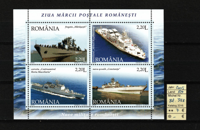 Rom&acirc;nia, 2005 | Nave militare - Marina Rom&acirc;nă - Navigaţie | Bloc 4v - MNH | aph