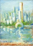 E113. Tablou original, Creatie oras SF, acuarela pe hartie, neinramat, 21x28 cm, Peisaje, Suprarealism, RavariuArt