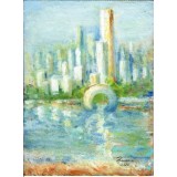 E113. Tablou original, Creatie oras SF, acuarela pe hartie, neinramat, 21x28 cm