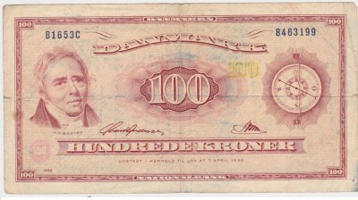 DANEMARCA 100 KRONER COROANE 1965 F foto