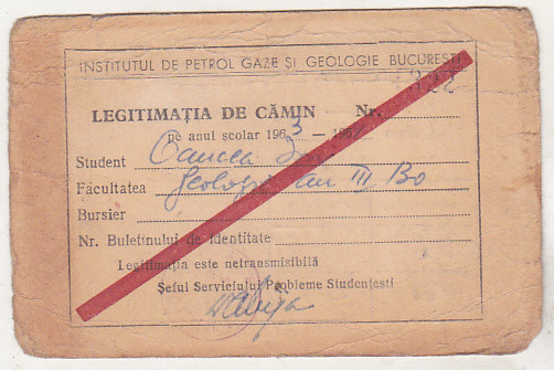 bnk div Legitimatie de camin IPGG Bucuresti 1963-1964