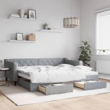 vidaXL Pat de zi cu extensie și sertare, gri deschis, 90x200 cm textil
