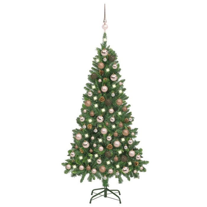 Brad Crăciun artificial pre-iluminat globuri/conuri pin 150 cm