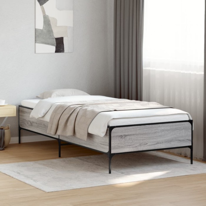 vidaXL Cadru de pat, gri sonoma, 90x200 cm, lemn prelucrat și metal 844969