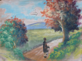 Ciobănaş pe drum - pictură veche pe p&acirc;nză, nesemnată, Scene gen, Ulei, Impresionism